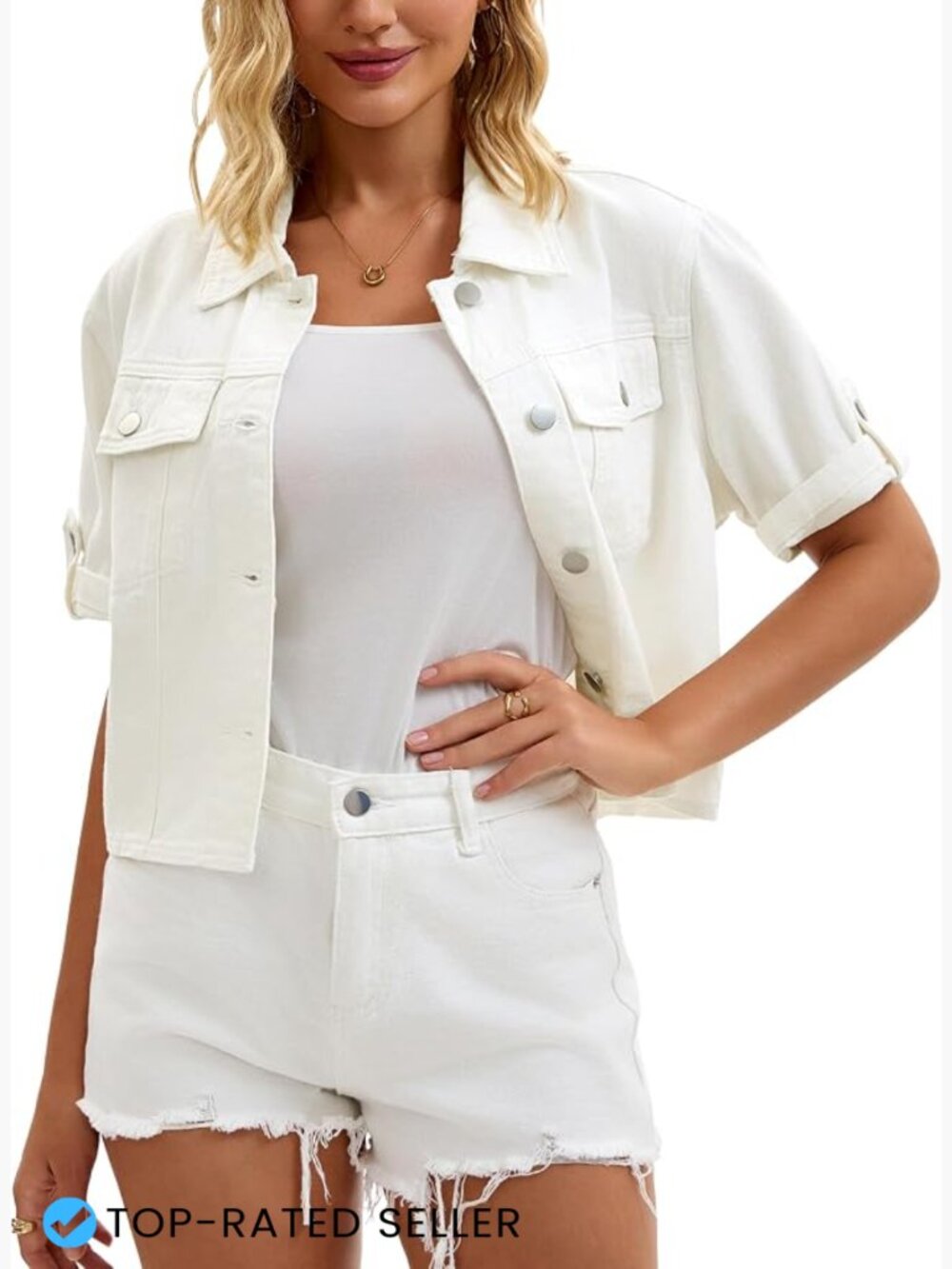 Cropped Denim Jacket Womens Short Sleeve Button Up Casual Chic Summer Trendy